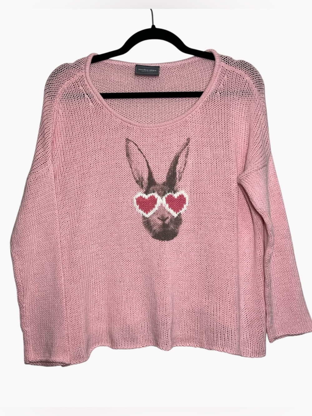 Wooden Ships Crew Sweater Pink White Bunny Heart Sunglasses Womens Size X/S